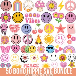 Boho Hippie Svg Bundle, Groovy Svg, Retro Flower Svg, Retro Svg, Happy Face Svg, Good Vibes Svg, Smiley Face Png, Cut for Cricut, Silhouette