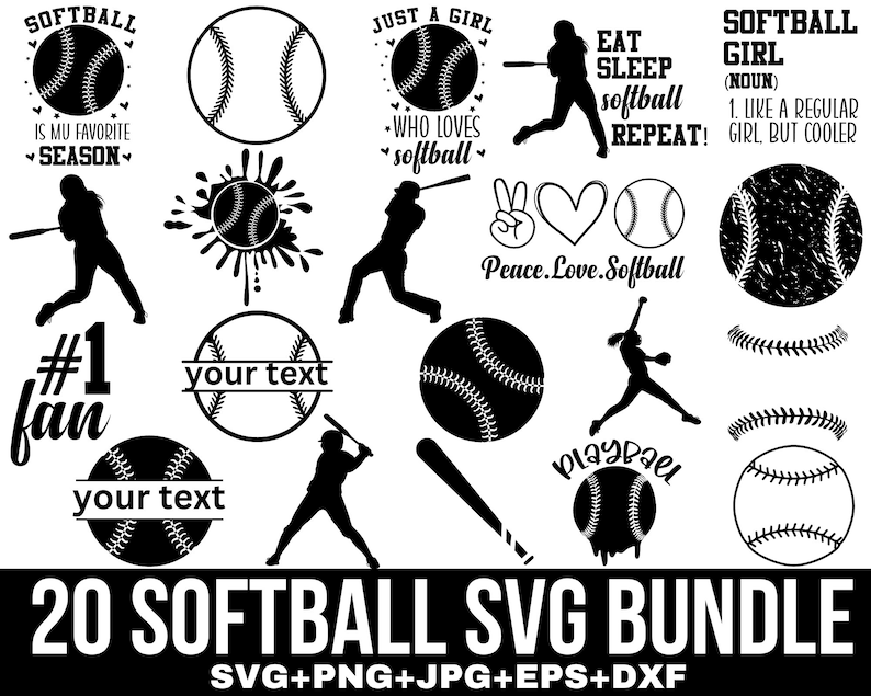 May include: A set of 20 black and white softball SVG designs. The designs include a variety of softball-themed graphics, such as a softball with a heart, a softball with a peace sign, a softball with the text "Eat Sleep Softball Repeat!" and a softball with the text "Just a Girl Who Loves Softball".