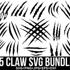 May include: A set of 15 black and white claw mark SVG files. The claw marks are in various shapes and sizes, including single claws, sets of claws, and claw marks that are curved or straight. The text "15 CLAW SVG BUNDLE" is at the bottom of the image, and the text "SVG+PNG+JPG+EPS+DXF" is below that.