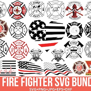 May include: A set of 20 fire fighter SVG designs. The designs include fire trucks, helmets, axes, fire hydrants, and American flags. The designs are in black and white and red.