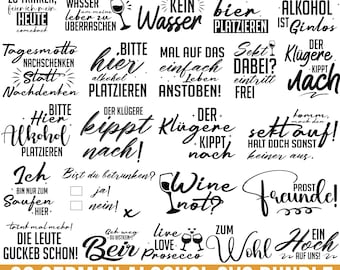 May include: A black and white graphic design set of 30 German alcohol SVG files. The images feature various sayings and phrases related to drinking and alcohol, such as "Wine not?" and "The smarter one drinks after!" The set includes SVG, PNG, JPG, EPS, and DXF files.