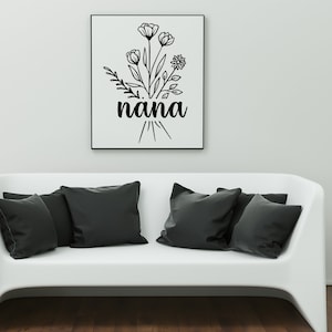 May include: Black and white printable art print with a floral bouquet and the word "nana" in a cursive font.