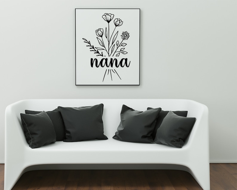 May include: Black and white printable art print with a floral bouquet and the word "nana" in a cursive font.