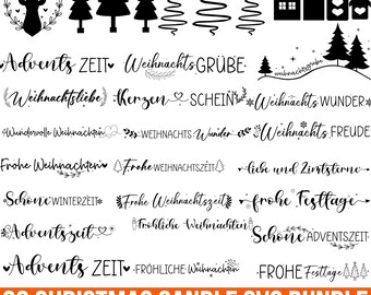 May include: A set of 30 black and white Christmas candle SVG designs. The designs include various Christmas-themed phrases in German, such as "Adventszeit", "Weihnachtszeit", and "Frohe Weihnachten". The designs also include illustrations of Christmas trees, stars, and houses.