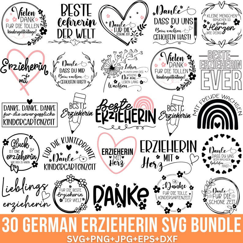 Peut inclure: Un ensemble de 30 designs SVG en noir et blanc avec du texte allemand pour les enseignants de maternelle. Les designs comprennent des phrases comme "Beste Erzieherin", "Danke" et "Gl&uuml;ck ist eine Erzieherin".
