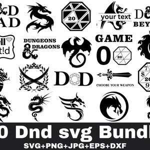 May include: A set of 20 black and white SVG files featuring Dungeons and Dragons themed designs. The designs include dragons, dice, swords, and text such as "D&D Dad", "D&D Beyond", "Well sbit!d", "Dungeons & Dragons", "Game Over", "Choose Your Weapon", and "20 Dnd svg Bundle".