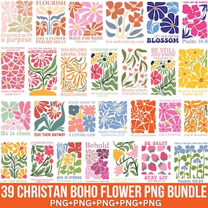 Könnte beinhalten: Eine Sammlung von 39 christlichen Boho-Blumen-PNG-Bildern. Die Bilder zeigen farbenfrohe Blumendesigns mit inspirierenden Zitaten und Bibelversen. Die Farbpalette umfasst Rosa, Orange, Blau und Grün. Text beinhaltet "Flourish", "Be Still and Know" und "Stay Lit".