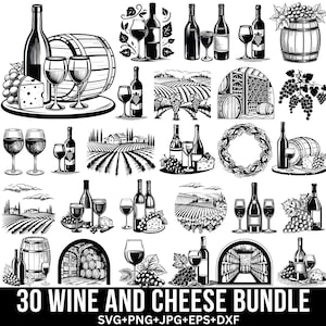Puede incluir: Un conjunto de 30 ilustraciones en blanco y negro con vino y queso. Las ilustraciones incluyen botellas de vino, vasos, uvas, cuñas de queso, barriles y escenas de viñedos. El texto "30 WINE AND CHEESE BUNDLE" está en la parte inferior de la imagen. El texto "SVG+PNG+JPG+EPS+DXF" está debajo del texto principal.