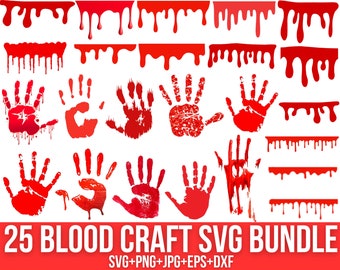 Pacchetto SVG PNG con schizzi di sangue, bordi che gocciolano sangue, mano insanguinata SVG, crimine SVG, Halloween SVG, perfetto per l'horror, omicidio, Cricut