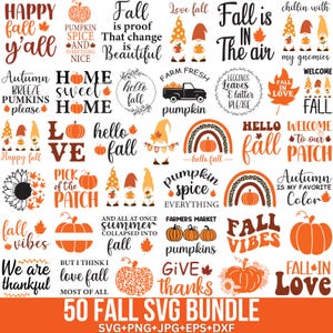 Peut inclure: Un ensemble de 50 motifs SVG sur le thème de l'automne, avec des citrouilles, des feuilles et des phrases automnales en orange, marron et blanc. Les motifs incluent des gnomes et des phrases telles que "Fall Vibes" et "Pumpkin Spice". Formats : SVG, PNG, JPG, EPS et DXF.