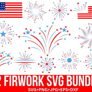 May include: A set of 12 red, white, and blue firework SVG files. The fireworks are in various shapes and sizes, including stars, circles, and swirls. The text "12 FIRWORK SVG BUNDLE" is at the bottom of the image. The text "SVG+PNG+JPG+EPS+DXF" is below the bundle text.