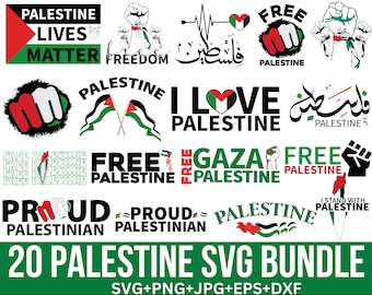 May include: A digital download bundle of 20 Palestine-themed SVG designs. The designs feature various slogans, including "Palestine Lives Matter", "Free Palestine", "I Love Palestine", and "Proud Palestinian". The designs also include the Palestinian flag and fist symbols.