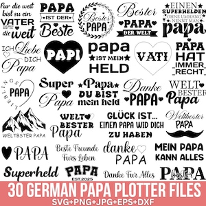 Könnte beinhalten: Eine Sammlung von schwarz-weißen Grafikdesigns mit dem Wort "PAPA" in verschiedenen Schriftarten und Stilen. Die Designs beinhalten Herzen, Sterne und dekorative Elemente. Der untere Teil des Bildes lautet "30 GERMAN PAPA PLOTTER FILES".