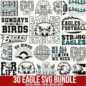 May include: A set of 30 digital design files featuring various eagle-themed graphics. The designs include text such as "Eagles", "Go Birds", "Sundays are for the Birds", "Strong Eagles", and "We All We Got We All We Need". The designs are in black and white, with some featuring a leopard print pattern.
