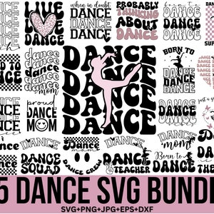 Könnte beinhalten: Ein Set mit 25 digitalen Tanz-SVG-Designs. Die Designs zeigen verschiedene tanzbezogene Sätze und Bilder, darunter Tänzer, Herzen und Schmetterlinge. Die Designs sind in Schwarzweiß mit rosa Akzenten.