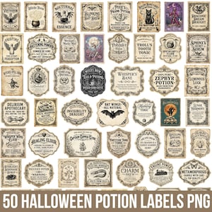 May include: A collection of 50 rectangular and ornate potion labels featuring vintage-style typography and illustrations. Designs include themes like Witch's Brew, Nocturnal Essence, and Draconic Dream Draught in sepia, black, and muted colors.