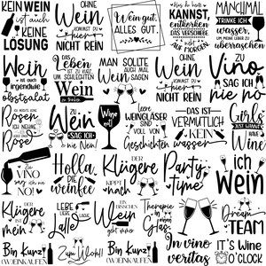 Op de afbeelding: Zwart-wit grafisch ontwerp met verschillende wijn-gerelateerde citaten en spreuken. Het ontwerp bevat wijnglazen, flessen en harten. Sommige van de citaten zijn "Wine not!" en "In vino veritas".