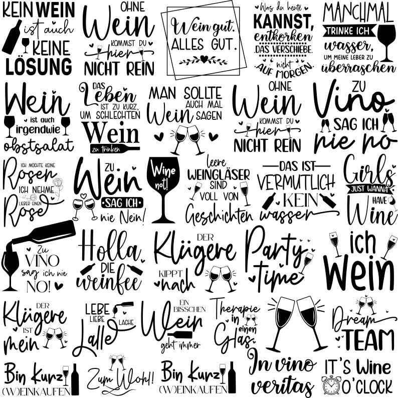 Op de afbeelding: Zwart-wit grafisch ontwerp met verschillende wijn-gerelateerde citaten en spreuken. Het ontwerp bevat wijnglazen, flessen en harten. Sommige van de citaten zijn "Wine not!" en "In vino veritas".
