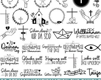 Peut inclure: Un ensemble de 30 designs SVG en noir et blanc pour les confirmations allemandes. Les designs comprennent des croix, des colombes, des bateaux, des cœurs et du texte en allemand. Le texte comprend des phrases comme "Glückwunsch zur Konfirmation" et "Schon, dass du da bist".