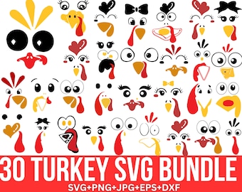Turkey Face Svg Bundle, Thanksgiving Svg, Cute turkey Svg, Gobble Svg, Farm Animals Svg, Turkey Clipart, Cut file for Cricut, Silhouette