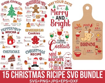 May include: A digital download bundle of 15 Christmas recipe SVG files. The bundle includes recipes for sugar cookies, gingerbread men, peppermint mocha, gingerbread cookies, eggnog, cheesecake, and cocktails. The designs are colorful and feature festive illustrations.