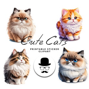 Cute Cat Sticker Pack, Printable Digital Clipart, Commercial Use, PNG Instant Download