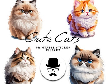 Pakiet naklejek Cute Cat, cyfrowe cliparty do druku, zastosowanie komercyjne, natychmiastowe pobieranie PNG