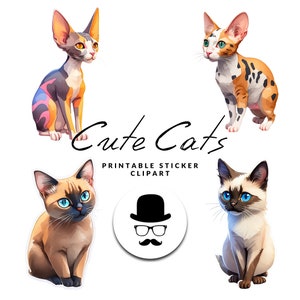 Cute Cat Sticker Pack, 10 Printable Digital Clipart, Commercial Use, PNG Instant Download