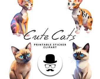 Cute Cat Sticker Pack, Printable Digital Clipart, Commercial Use, PNG ...