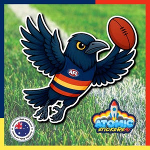 May include: A sticker depicting a cartoon crow wearing a blue, yellow, and orange jersey, holding a brown football. The crow has outstretched wings against a green background. The sticker includes the text "AFL" and "Atomic Stickers AU".