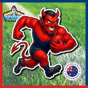 Démons de Melbourne, sticker football AFL, sticker fan de football australien, diable avec foot (pose latérale)