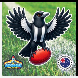 Pie de Collingwood, ballon de football tenant un ballon, autocollant en vinyle, autocollant de sports d'oiseaux noir et blanc audacieux