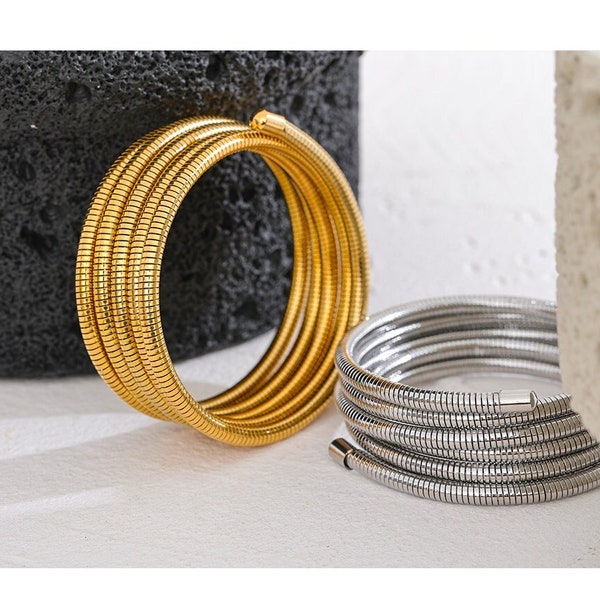 Stackable Multi-Layer ELASTIC Wrap Bracelet Bangle, Silver Gold Metal Wrist Wrap Cuff Bracelet Bold Coil