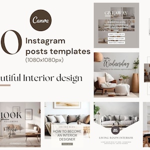 Può includere: 60 modelli di post Instagram per il design di interni, con immagini di salotti, divani, sedie e piante. I modelli sono 1080 pixel per 1080 pixel.