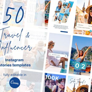 50 Travel Instagram Story Templates | Influencer Blogger Vlogger | Editable in Canva | Social Media for Small Business | Content Creator