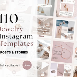 110 Jewelry Instagram Templates, Instagram Post Jewelry Canva Template, Pastel Feminine, Jewelry Business Social Media Template
