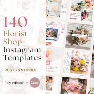 140 Florist Instagram Template, Flower Post Story, Pastel Flower Shop, Editable Canva, Social media, Kit Business