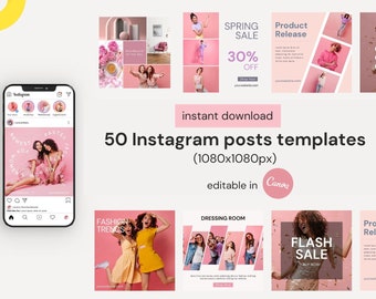 50 Fashion Instagram Post Templates, Editable Canva Design (Digital Download)