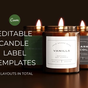 Pode incluir: Três frascos de vela de vidro com etiquetas. As etiquetas são brancas com texto preto. As velas são de baunilha, limão e chocolate preto. Os frascos estão sobre uma superfície marrom. 12 layouts no total.