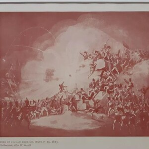 May include: A red-toned print depicting a historical battle scene with soldiers charging into battle. The print is titled "Surrender of Austrian Russians, January 1st, 1813" by F. Scheffer after W. Neall.