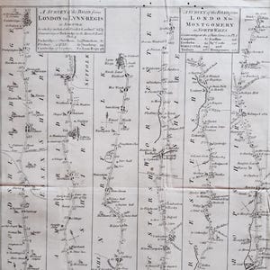 May include: An antique map with black ink detailing roads and towns. The map is folded and shows routes from London to Lynn Regis and Montgomery. The text includes "A Survey of the Road" and place names like Essex and Suffolk.
