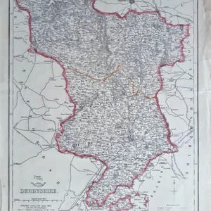 May include: Antique map of Derbyshire, England, with detailed roads, towns, and geographical features. The map is printed in black and white with a red outline of the county. The title "Derbyshire" is printed at the bottom.