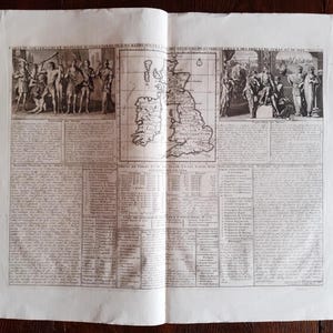 May include: An antique map of the British Isles, featuring detailed cartography and historical illustrations. The map is printed on aged paper, with text and illustrations in black ink. The map is open, showing the full spread with detailed text and illustrations.