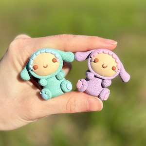 Twin baby bunny pajamas cute cozy trinket - polymer clay handmade desk buddy