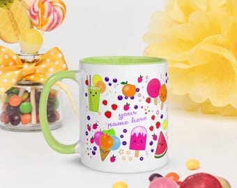 Mug with kawaii drawings and colored interior