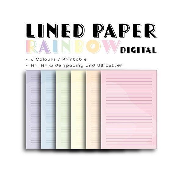 Liniertes Notizpapier Regenbogen | farbig | A4, US Letter | Schreibpapier | Druckbares Papier