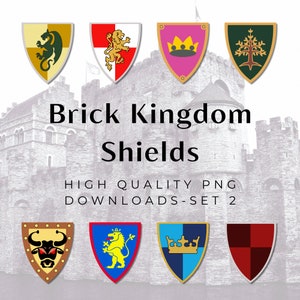 May include: Set of eight colorful shield designs with various symbols, including a lion, a bull, a crown, and a tree. The shields are labeled "Brick Kingdom Shields" and "High Quality PNG Downloads - Set 2".