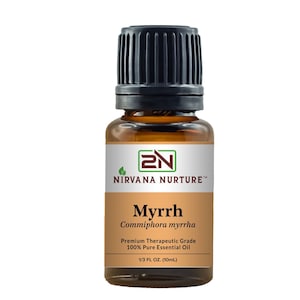 May include: A brown glass bottle with a black cap, labeled "Myrrh Commiphora myrrha Premium Therapeutic Grade 100% Pure Essential Oil 1/3 FL OZ. (10mL)" and a green leaf logo with the text "NIRVANA NURTURE™".