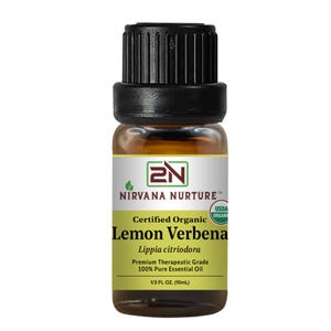 Könnte beinhalten: Kleine bernsteinfarbene Glasflasche mit ätherischem Öl von Nirvana Nurture Lemon Verbena. Die Flasche hat einen schwarzen Deckel und ein gelbes Etikett mit dem Text "Certified Organic Lemon Verbena" und "1/3 FL OZ. (10ml)".