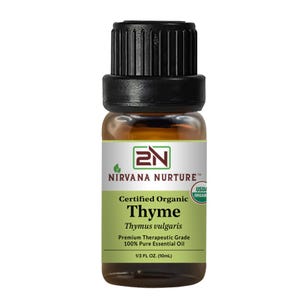 May include: A small glass bottle of Nirvana Nurture Certified Organic Thyme essential oil. The label is green and white, with the text "Thyme Thymus vulgaris Premium Therapeutic Grade 100% Pure Essential Oil". The bottle is 10ml.